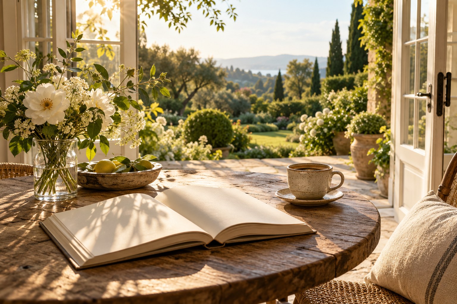 Morning light falling across an open book, coffee, and garden flowers beside French doors