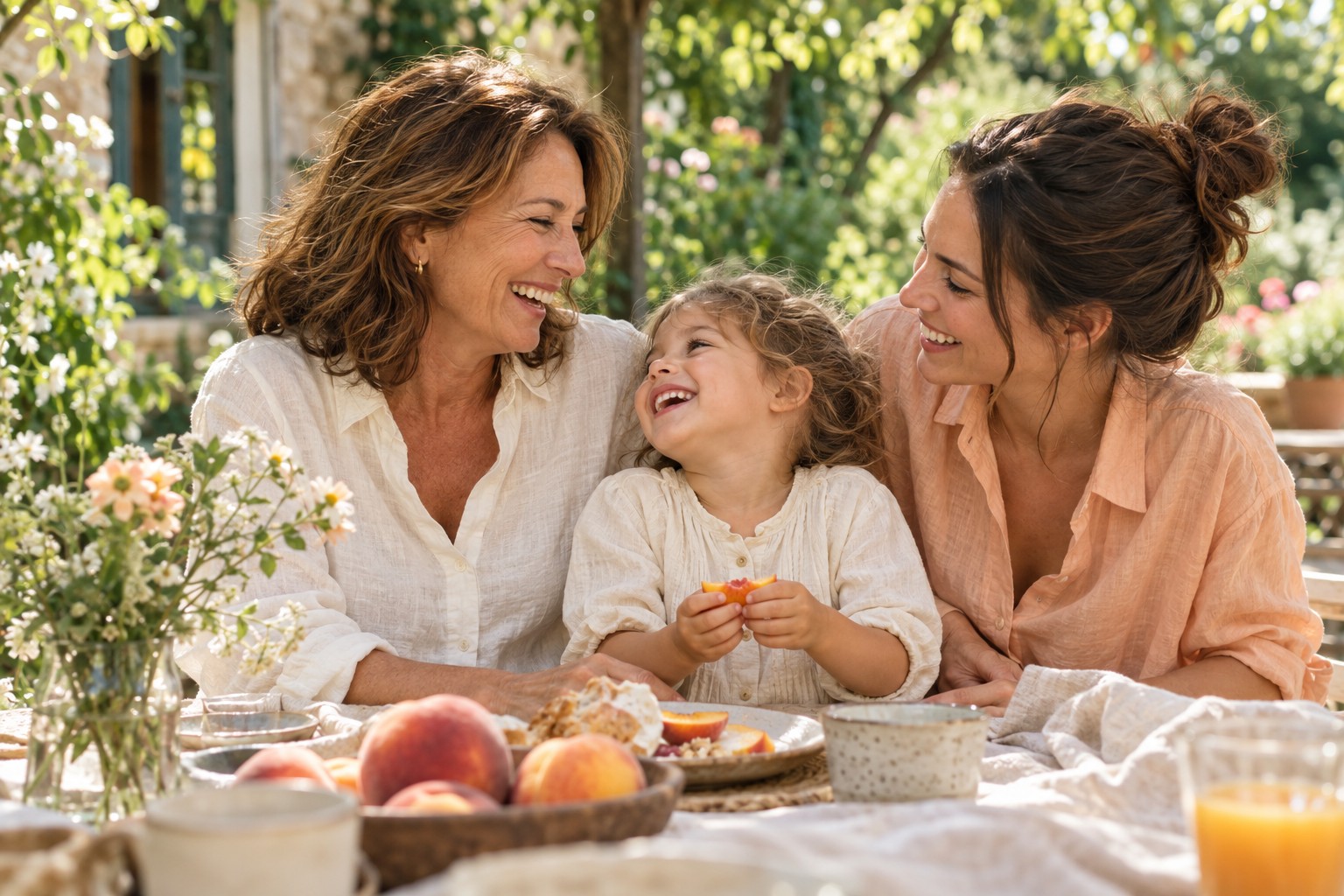 Three generations laughing together over breakfast in the garden